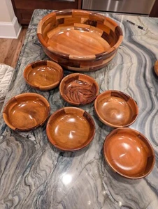 Costa Rican Salad Bowl,(Ex.lg.) Handmade Inlay Wooden, w/6 Salad Bowls - Picture 1 of 6