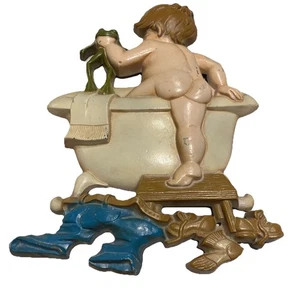 Vintage Junge & Frosch Badewannen Plakette 1970 Küster Metallguss Wandbehang Badezimmer - Bild 1 von 6