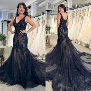 Schwarz Gothic Hochzeitskleider Meerjungfrau Spitze Applikation mit Kehrzug Brautkleider - Bild 1 von 12