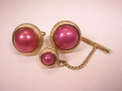 Juego de gemelos y corbatas vintage de cabujón rosa caliente Foto 1 de 4