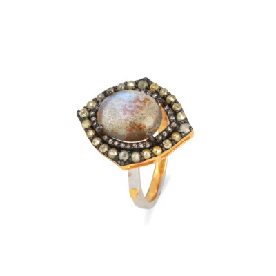 Anello Pietra Preziosa Labradorite Pavè Diamante Argento 925 Matrimonio Oro 1... - Immagine 1 di 4