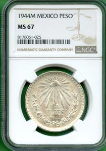 MEXICO 1944M PESO NGC MS 67 HIGH GRADING SILVER - Picture 1 of 1