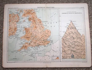 c.1885 Antique Map of Physical Features and Comparative Heights of Mountains - Picture 1 of 2