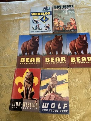 CUB SCOUT BOOKS Vintage Lot of 7  Wolf,  Bear,  Webelos, Lion, Boy Scout Books - Image 1 of 2