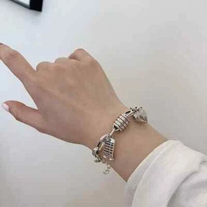 Vintage 925 Sterling Silber Dicke Kette Armband Herz Anhänger Trend Süß Armreif - Bild 1 von 7