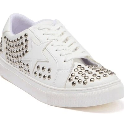 NUEVO Mujer Steve Madden Phunky Zapatilla Tachonada Con Cordones Blanco Plata Talla-7.5 Foto 1 de 4