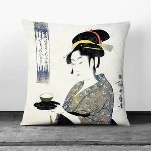 Plump Cushion Serving Tea Kitagawa Utamaro Scatter Throw Pillow Cover Filled - Picture 1 of 10