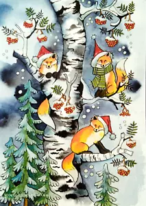 Cartolina Arte Alberi di Natale Boschi Volpe Bacche Calza Cappello Neve - Foto 1 di 1