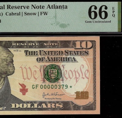 2004A $10 Federal Reserve Note Atlanta PMG 66EPQ 3 digit low serial Fr 2039-F* - Image 1 of 3