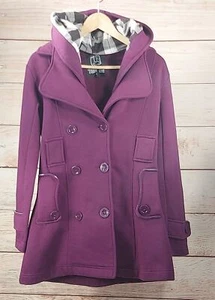 Women's Hoodie Pea Coat Warm Plaid Purple Long Jacket Winter Plaid Outerwear S - Picture 1 of 17