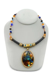 Chicos Necklace Gold Tone Crystal Bead Cabochon Back Leather Cord 18" - Picture 1 of 9