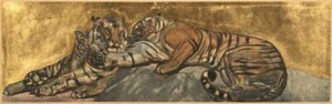 Tigers in Repose Art Print Paul Jouve 1932 Woodcut Decorative Exotic Animal - Picture 1 of 2