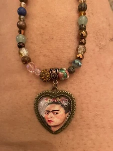 Frida Kahlo Flora Bronze Heart Pendant Hematite Topaz Crystal Bead Necklace - Picture 1 of 3