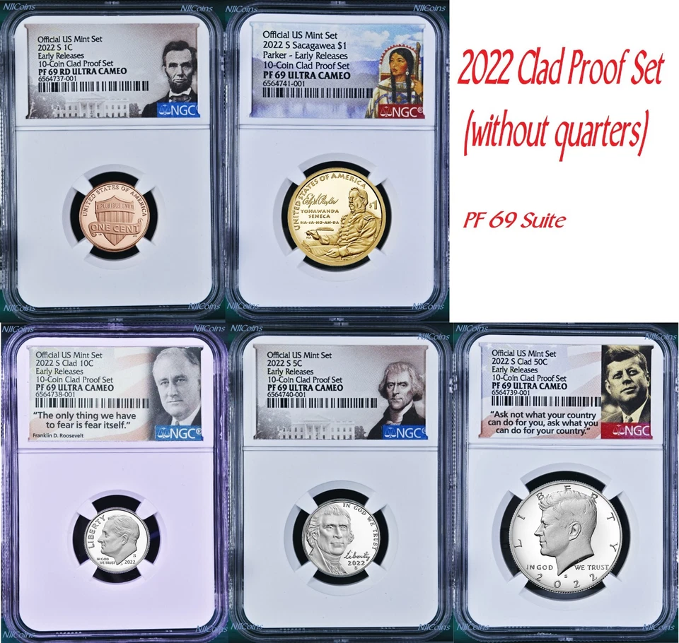 2022 US Mint 5 Coin Clad Proof SET Dime Cent Nickel $1 50c NGC PF69 ER - Image 1 of 4