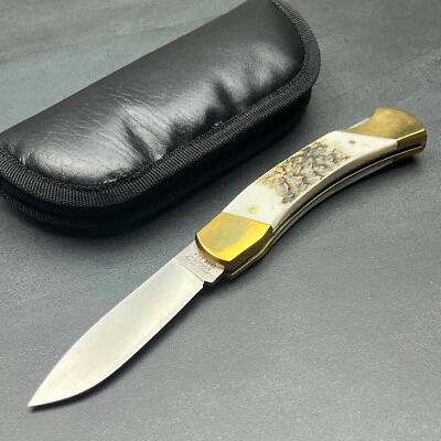 Schrade USA Uncle Henry Genuine Stag Bone Handles Folding Blade Lockback Knife - Image 1 of 4