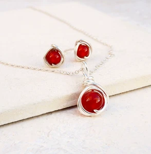 Carnelian Necklace Set July Birthstone Sterling Silver Studs Handmade Gift Box - Picture 1 of 6