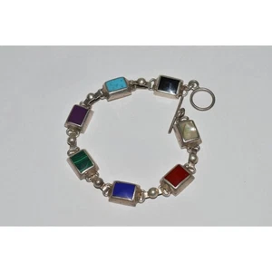Mexiko Sterlingsilber Multi Stein Gliederarmband, Lapislazuli, Malachit, Onyx - Bild 1 von 16