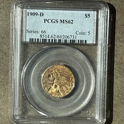 1909d Five $ Indian Head Gold Coin Pcgs Graded MS 62 Number 8514.62–60206731 ￼ - Image 1 of 4