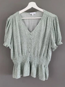 Warehouse Summer Green Ivory Ditsy Floral Print Ruched Peplum Blouse Top Size 14 - Picture 1 of 5