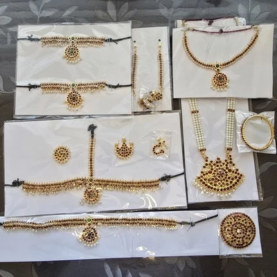 New Bharathnatyam Jewellery/Kempu Stones & Pearls full set (for ages 7-14 yrs) - Image 1 of 4