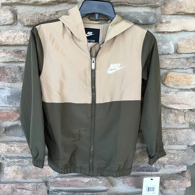 NIKE BOY'S WINDBREAKER WINDRUNNER HOODED FULL ZIP JACKET CARGO KHAKI 6 NWT - Image 1 of 3