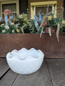 Vintage Indiana Glass Ruffled Edge Milk Glass Duette Diamond Quilted Bowl - Picture 1 of 11