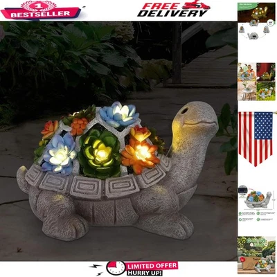 Elegant Outdoor Turtle Decor with Succulent & Automatic LED Lighting - Gift Idea - Image 1 of 4