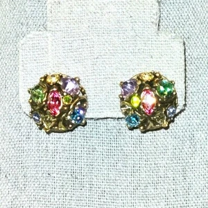 Hollycraft Signed VTG 1953 Multicolored Pastel Rhinestone Screw Back Earrings - Picture 1 of 13