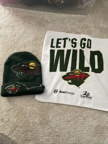 MN Wild Hockey Cap, Beanie Hat and Lets Go Wild Towel, NHL Cover