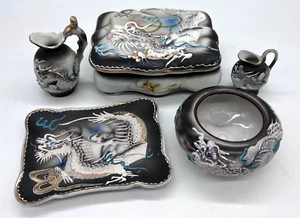 Vintage Blue Eyes White Dragon Moriage Relief Trinket Box Tray Vase Set Japan - Picture 1 of 12