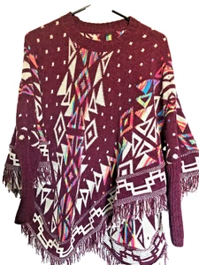 Women’s Mexico Made Fringed Reversible Colorful Sleeved Serape Shawl Poncho New - Picture 1 of 7