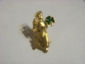 Angel with Clover Shamrock Tie Tack Pin Jewelry Gold Tone Avon Irish Lucky - Picture 1 of 3