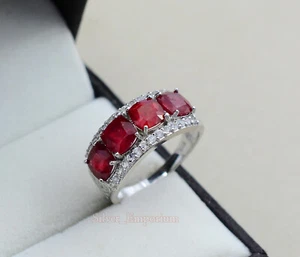 Natural Red Ruby 6MM Cushion 925 Solid Silver July Birthstone Prong Setting Ring - Picture 1 of 9