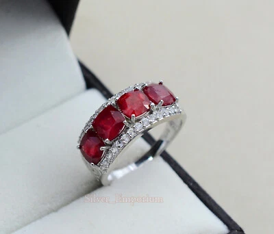 Natural Red Ruby 6MM Cushion 925 Solid Silver July Birthstone Prong Setting Ring - Image 1 of 4