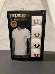 True Religion 4-Pack V Neck Shirts Mens Large White Logo Premium Short Sleeve - Picture 1 of 4