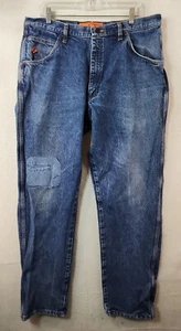 Wrangler Riggs FR Mens 38 x 33 Hemmed Distressed Denim Blue Jeans - Picture 1 of 19