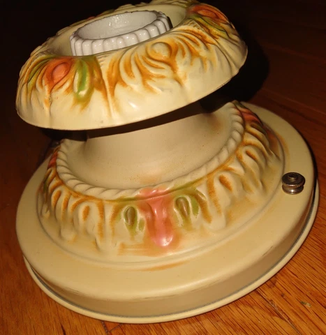 Vintage Antique 1940's Metal Ceiling Mount Light Fixture Hand Painted Cover
