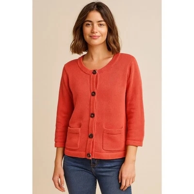 Cárdigan Jeanne Pierre para mujer con botones de coral con bolsillos suéter de algodón pequeño usado en excelente estado Foto 1 de 4