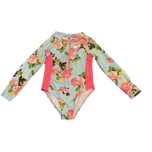 Betsey Johnson Girls 5 Rash Guard 1-Pc Bodysuit Swimsuit Long Sleeve Pink Aqua - Picture 1 of 11