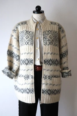 90s Cream Gray Chunky Handknit Fair Isle Nordic Ski Cardigan Sweater Women M L - Image 1 of 4