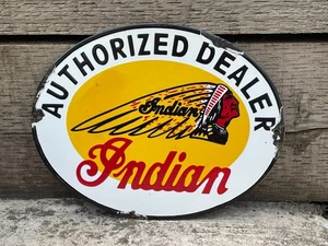 Vintage Indian Motorcycles Enamel Advertising Sign Mancave Raised Lettering - Foto 1 di 7
