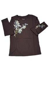 Denim&Co. Dark Brown Jersey Long Sleeve Printed Golden Floral Sz X-Large - Picture 1 of 7