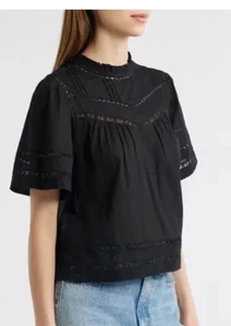 Rails Daisy Black Eyelet Lace Trim Cotton Blouse Top Boho Chic Size M - Picture 1 of 9
