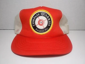 Vintage Trucker Hat Compass Quarries Paradise PA Red White Mesh Snapback Cap - Picture 1 of 16