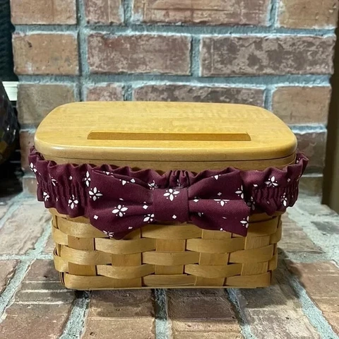 Vtg Longaberger 1999 Recipe Box Basket w/ Elastic Fabric Bow Cover