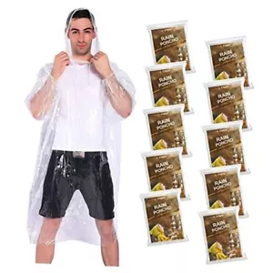 Rain Ponchos,with Drawstring Hood (10 Pack) Emergency Disposable One Size Clear - Picture 1 of 7