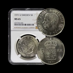 SWEDEN. 1971, 5 Kronor, Silver - NGC MS65 - Gustaf VI, Crowned Shield, Key Date - Picture 1 of 5