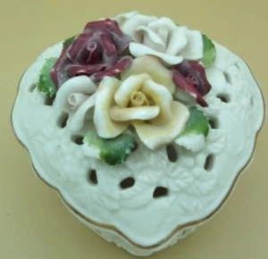 Large White Ceramic Trinket Dish With Lid Floral Design  - Picture 1 of 8