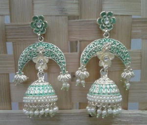 Designer Kundan Earrings Pierced With Green Meenakari Bridal Wedding Jewellery - Picture 1 of 4