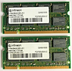 Infineon 1MB (2x512MB) DDR1 SO-DIMM HYS64D64020GBDL-6-C  PC-2700S 333MHz #R2015 - Bild 1 von 2